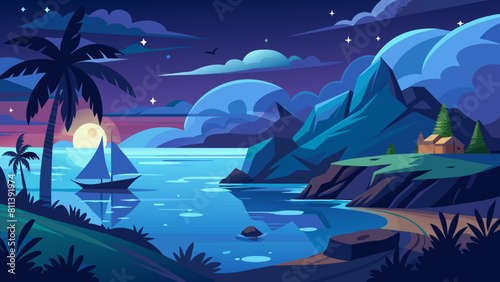 free seascape at night cartoon vector illustration