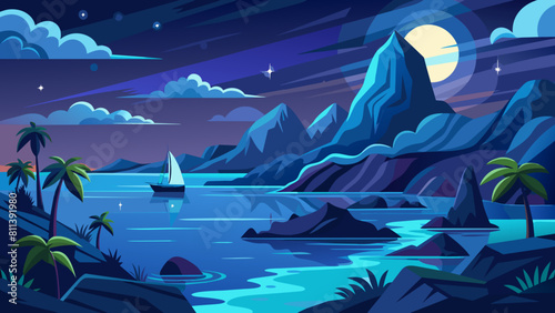 free seascape at night cartoon vector illustration