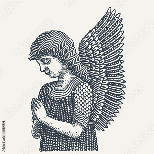 Angel girl. Vintage woodcut engraving style vector illustration.