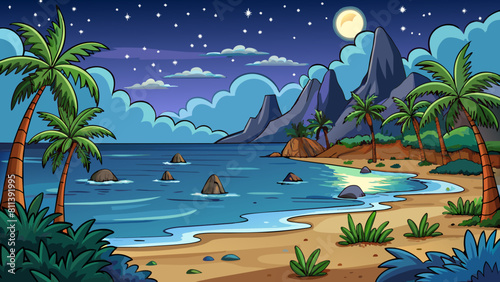 free seascape at night cartoon vector illustration