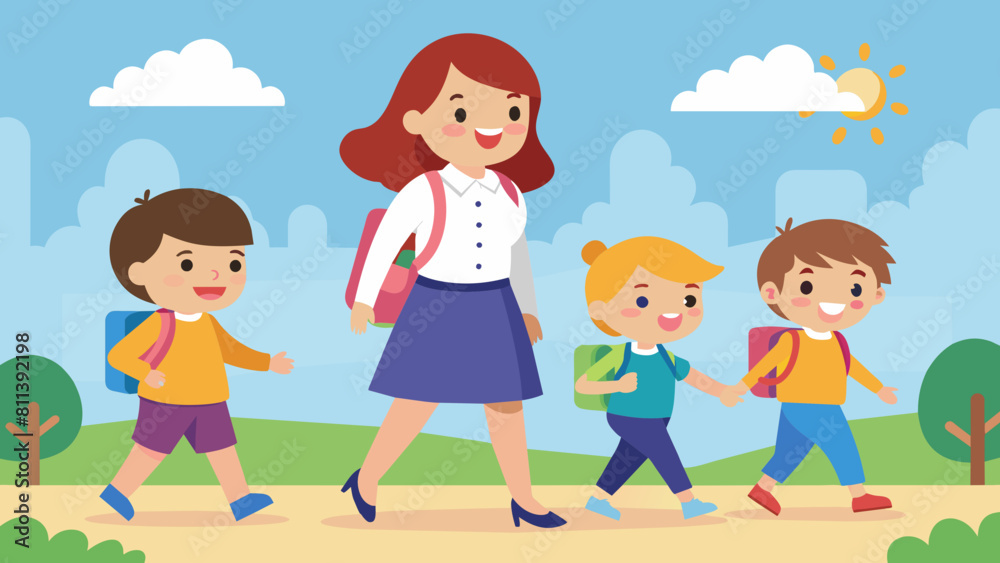 happy children going to school with their mother cartoon vector illustration