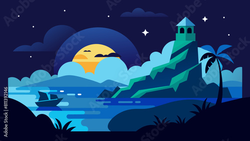 free seascape at night cartoon vector illustration