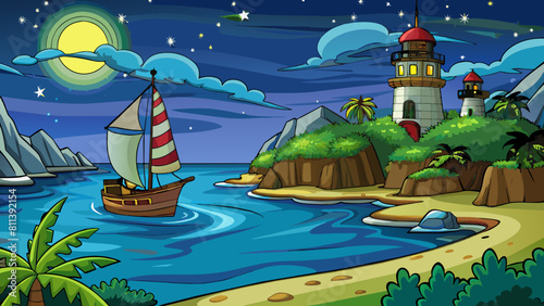 free seascape at night cartoon vector illustration