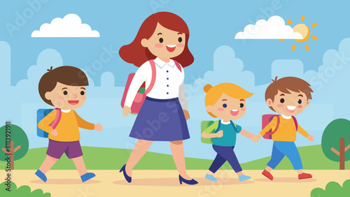 happy children going to school with their mother cartoon vector illustration