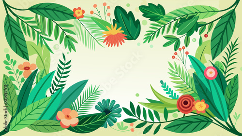 horizontal floral frame with green plants cartoon vector illustration