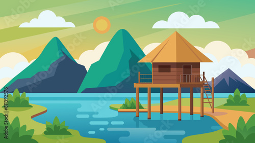 hut on stilt near lake game cartoon vector illustration