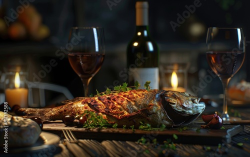 Rustic setting with grilled fish  wine bottle  and glasses on a dark table.