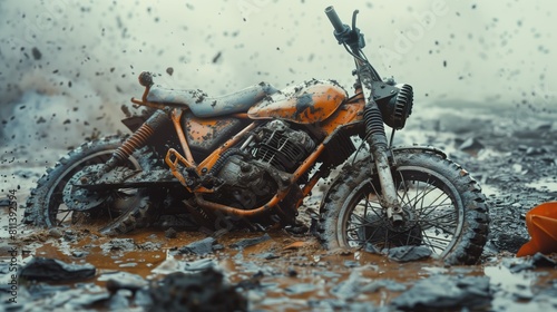 Broken motorcycle on the asphalt road in the rain. The concept of accident © Katsiaryna
