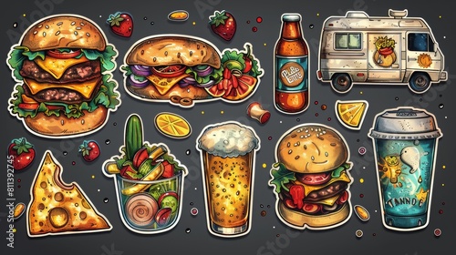 The 70s groovy elements of the food truck concept are shown as cartoon characters, doodle smile faces, hamburger, taco salad, beer, and sandwich. A cute retro groovy hippie design for decoration. photo