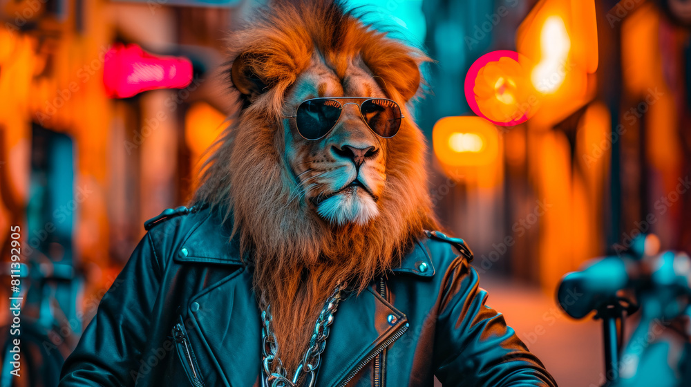 A regal lion in a sleek leather jacket, adorned with silver chains and sporting aviator sunglasses.