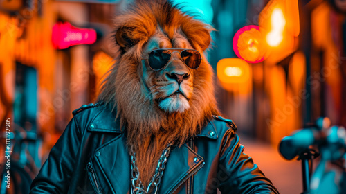 A regal lion in a sleek leather jacket  adorned with silver chains and sporting aviator sunglasses.