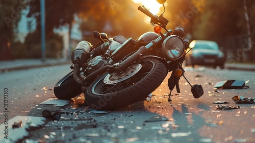 Broken motorcycle on the asphalt road in the rain. The concept of accident