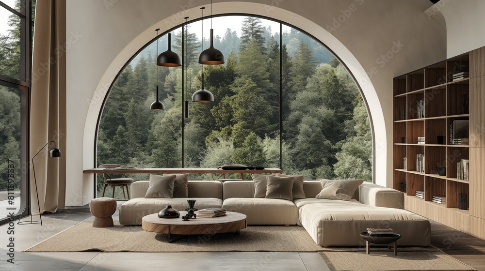 Fototapeta premium Contemporary Living Room with Forest View