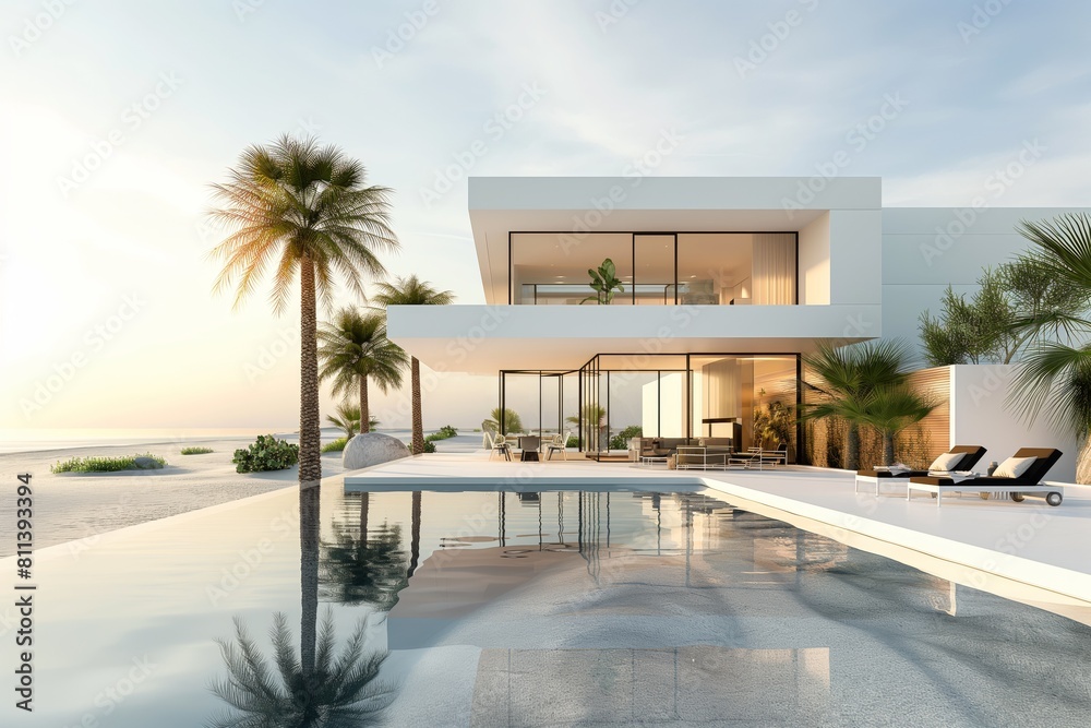 Modern White Villa with Pool and Palm Trees in Desert