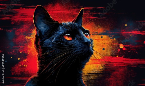 Illustration of a black cat on a colored background.