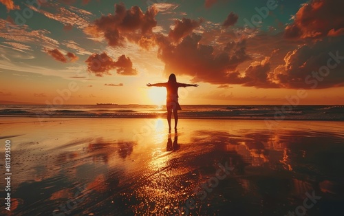 Silhouetted person with outstretched arms on a beach at sunset. photo