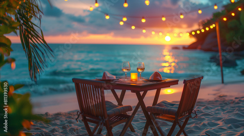 Romantic atmosphere with table for two on beach beside sea with decorative lights at sunset. Generative AI