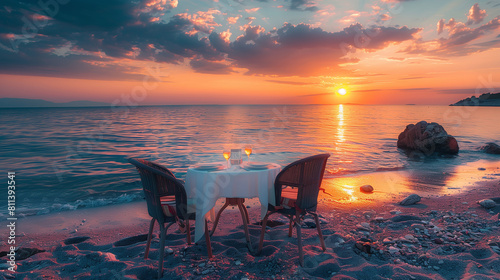 Romantic atmosphere with table for two on beach beside sea at sunset. Generative AI