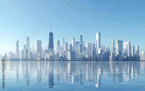 Skyline with modern skyscrapers under a clear blue sky.