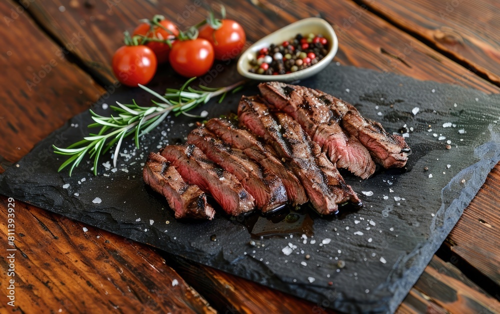 Sliced grilled steak on dark slate, rustic wooden background.