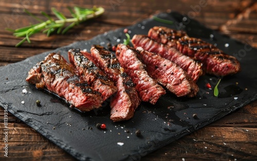 Sliced grilled steak on dark slate, rustic wooden background.