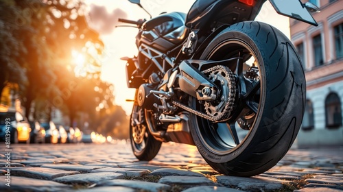 Motorcycle on the road in the forest at sunset. Sport bike.