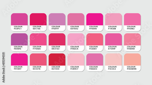 pink Color Guide Palette with Color Names. Example of pink catalog with RGB HEX code and name, Pantone Color Palette Catalog