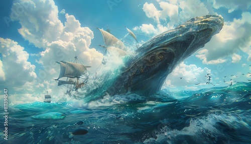 Embark on an oceanic journey with eye-level angle view, showcasing a unique fusion of Isekai and Maritime themes Expect unexpected camera angles capturing thrilling moments in vivid color palette, lay