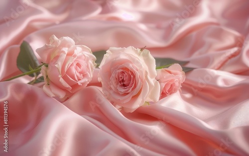 Soft pink satin fabric with delicate roses gently resting upon it.