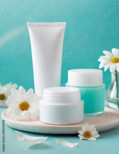 Blank cosmetic cream jars and tubes on turquoise blue background. Skin care treatment product