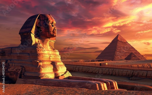 Sphinx and pyramid under a fiery sunset sky.