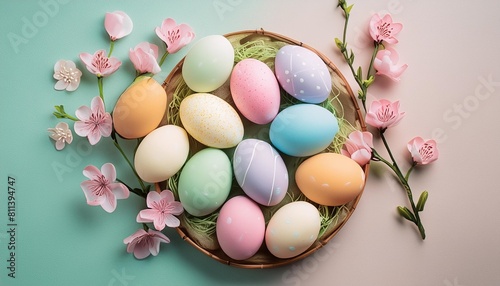 top view of easter egg multicolored egg on pastel background