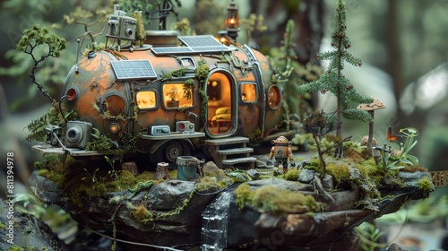 Explore the juxtaposition of traditional wilderness camping and  technology in a clay sculpture masterpiece Showcase a campsite featuring robotic cooking gadgets and solar-powered devices, capturing t © Phata