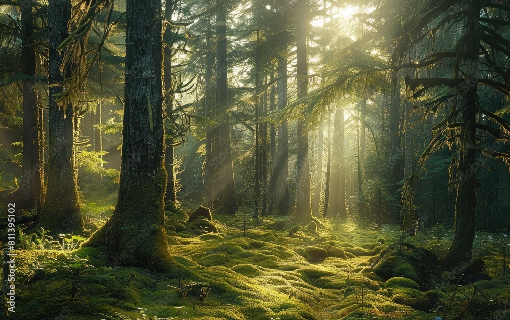 Sunlight filters through towering trees in a lush, moss-carpeted forest.