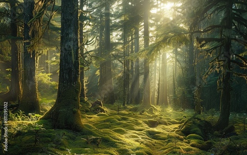 Sunlight filters through towering trees in a lush, moss-carpeted forest. photo