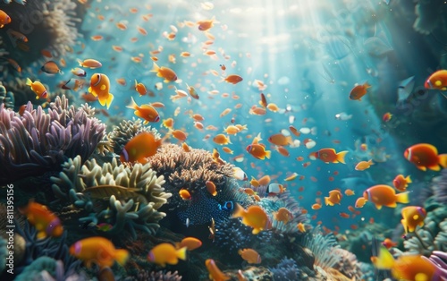 Sunlit coral reef bustling with colorful fish.