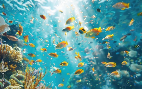 Sunlit coral reef teeming with vibrant fish under clear blue water.