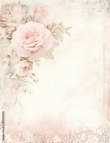 Vintage background with pink roses. Junk journal floral page. Generalive AI.