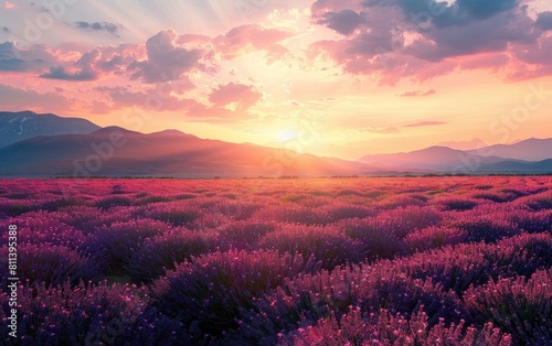 Sunset hues over a vibrant lavender field with distant mountains.
