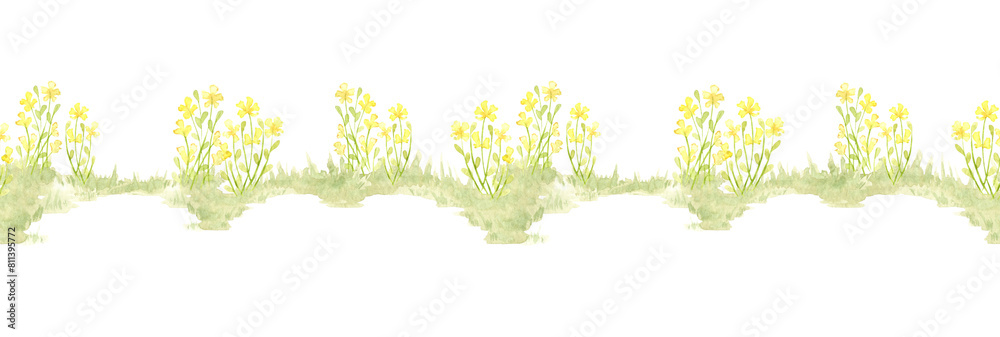 Clearing with yellow flowers pattern horizontal element of watercolor illustration of natural landscape. Forest wildlife scene with herbs, flowers, vegetation. To compose compositions on the theme Clearing with yellow flowers pattern horizontal element of watercolor illustration of natural landscape. Forest wildlife scene with herbs, flowers, vegetation. To compose compositions on the theme
