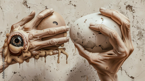 Cracked Reality Abstract Surreal Exploration of Perception with Egg-Shaped Eyeballs and Skeleton Figures  Wallpaper Digital Art Poster Brainstorming Map Magazine Background Cover photo