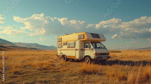 Camper caravan camping on nature. Traveling in motor home.