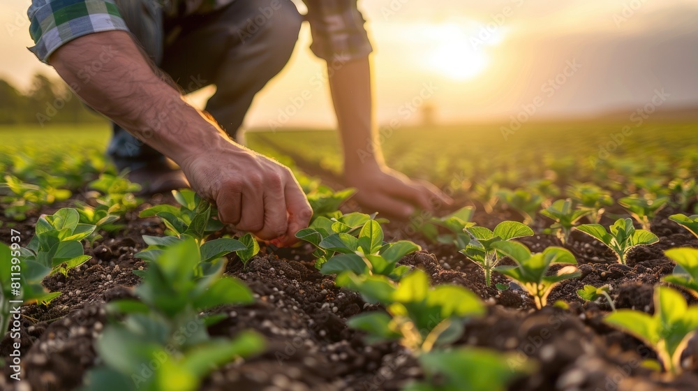 Farmer inspecting green seedlings at sunset in field cultivating healthy harvest from fertile soil with genetic cultivation of soybeans Farmer inspecting green seedlings at sunset in field cultivating healthy harvest from fertile soil with genetic cultivation of soybeans