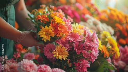 A florist carefully arranges a bouquet of colorful flowers, including pink, yellow, and orange chrysanthemums. © Preeyanuch