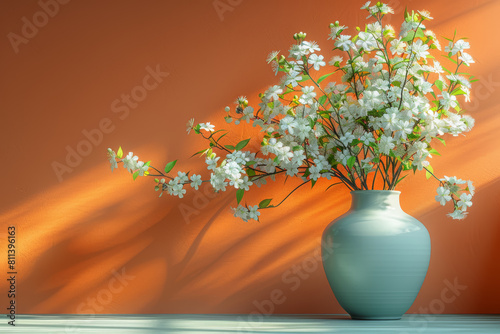Pale lilac ceramic vase with pastel green flowers against a creamy pastel orange backdrop, symbolizing tranquility and nature. Generative Ai.