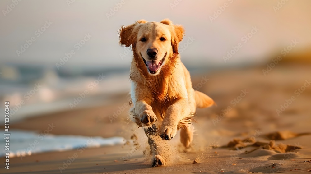 Golden retriever dog running on beautiful beach pictures
