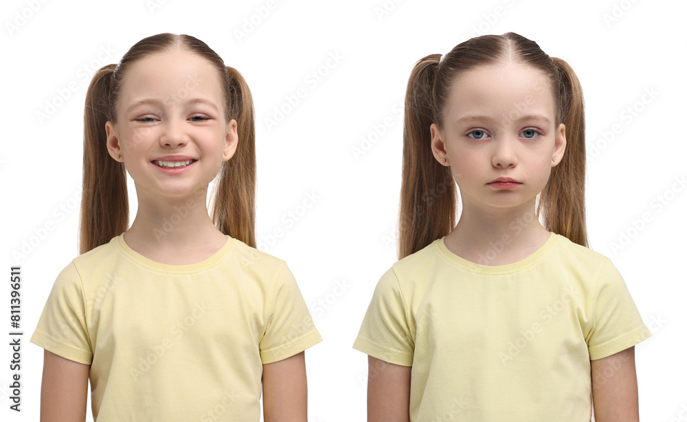 Girl showing different emotions on white background, collage Girl showing different emotions on white background, collage