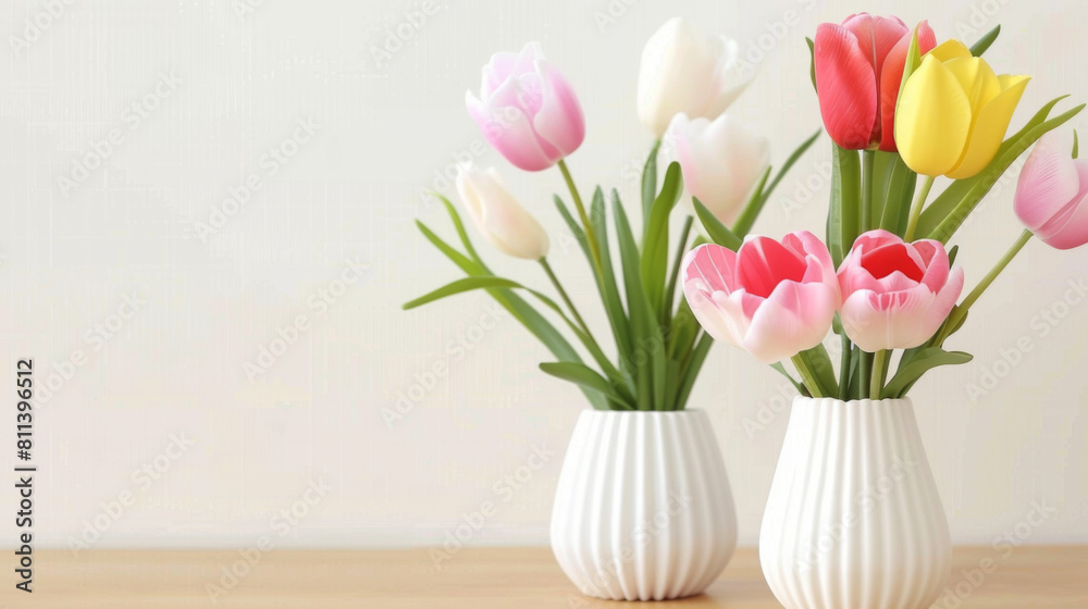 Three white ceramic vases filled with colorful tulips gracefully arranged on a wooden table, depicting simplicity and elegance.