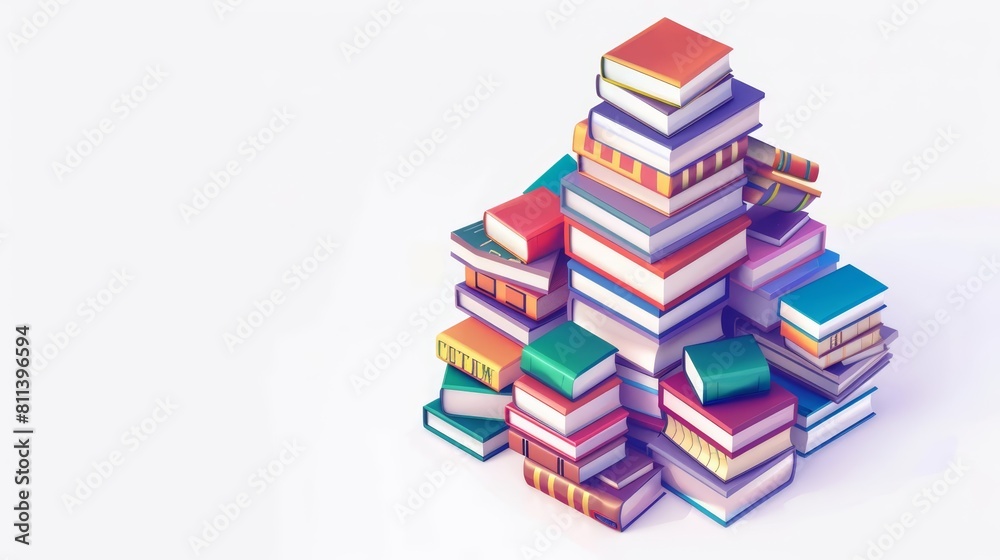 A beautiful isometric set of books stacked in a spiral tower, illuminating the essence of literature on a model isolated white background A beautiful isometric set of books stacked in a spiral tower, illuminating the essence of literature on a model isolated white background