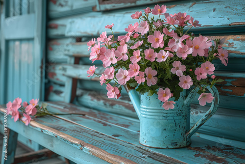 Pale turquoise watering can with pastel pink flowers on a pastel green garden bench  representing care and nurturing of plants. Generative Ai.